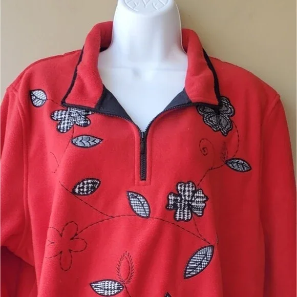 Vintage 1990s Grandma Core Red Checkered 1/4 Zip floral Fleece Pullover - Picture 3 of 10